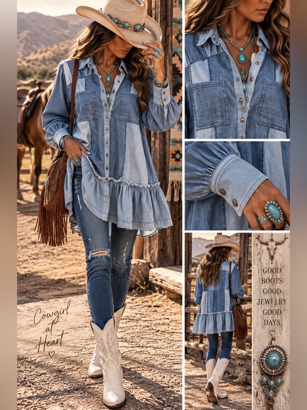 Free People Two-Tone Denim Patchwork Long Sleeve Dress - Light & Medium Blue